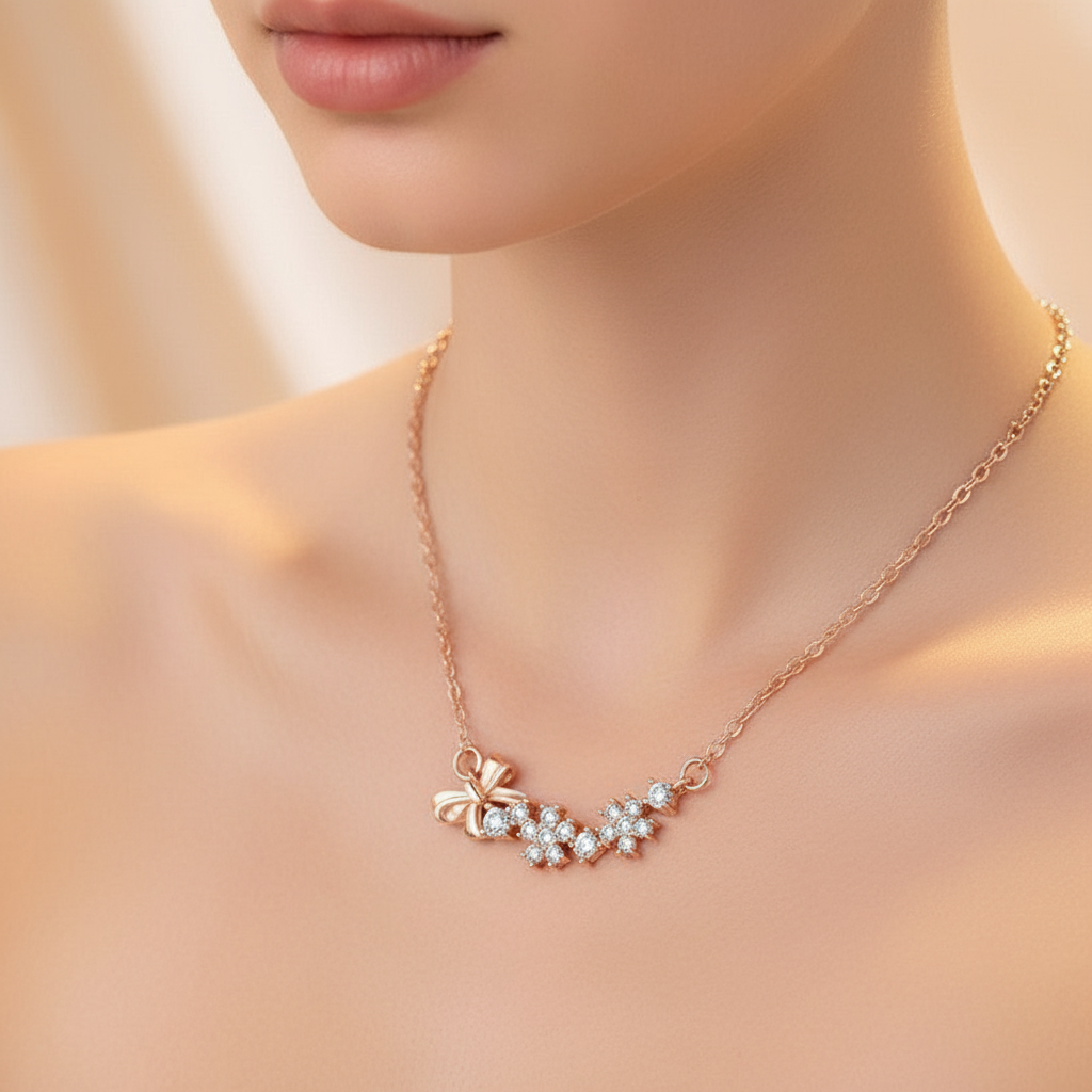 Rose Gold Plated Bow-Tie Pendant – American Diamond Studded