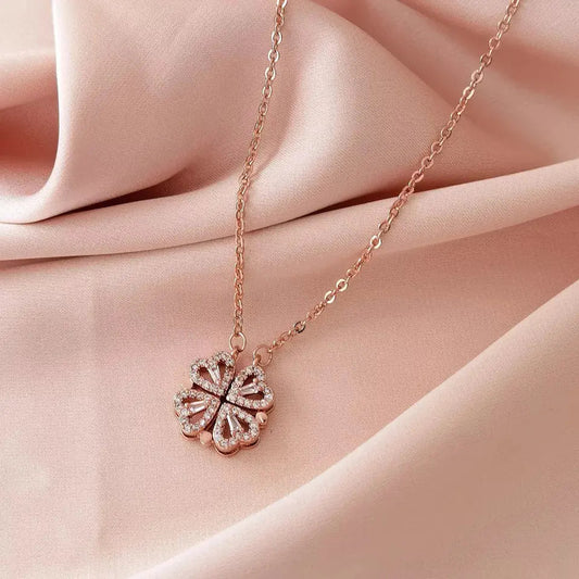 Hyacinth 4-pcs Zircon Heart Magnetic Clover Necklace - Rose Gold