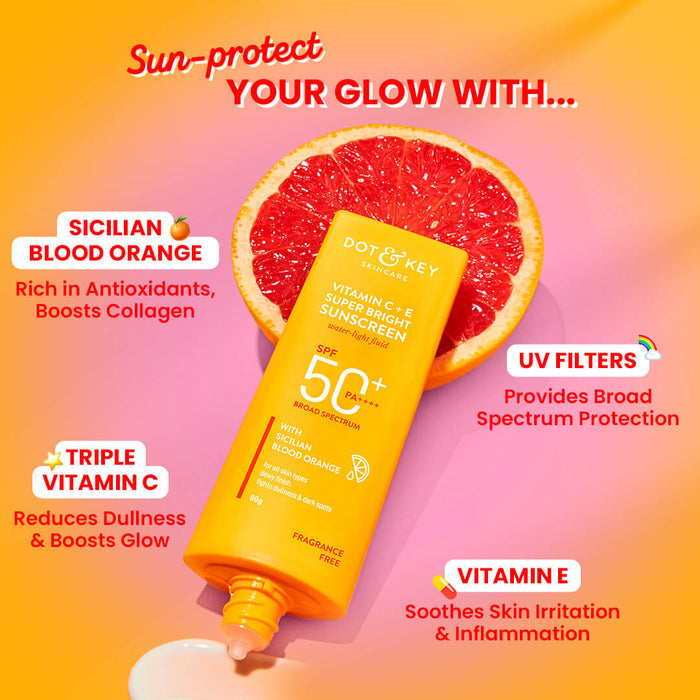 Dot & Key Sunscreen - SPF 50 PA++++ Vitamin C+E Super Bright, WaterLight, For Even Toned & Glowing Skin (50 g)