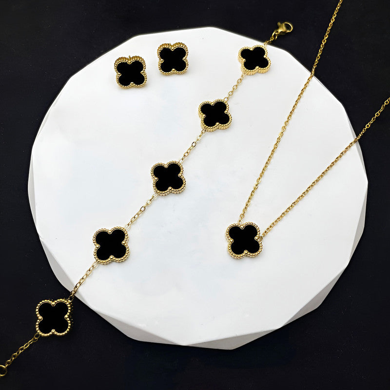 Set Of Black Anti Tarnish Clover Jewellery Set For Girls And Women