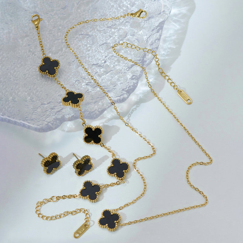 Set Of Black Anti Tarnish Clover Jewellery Set For Girls And Women