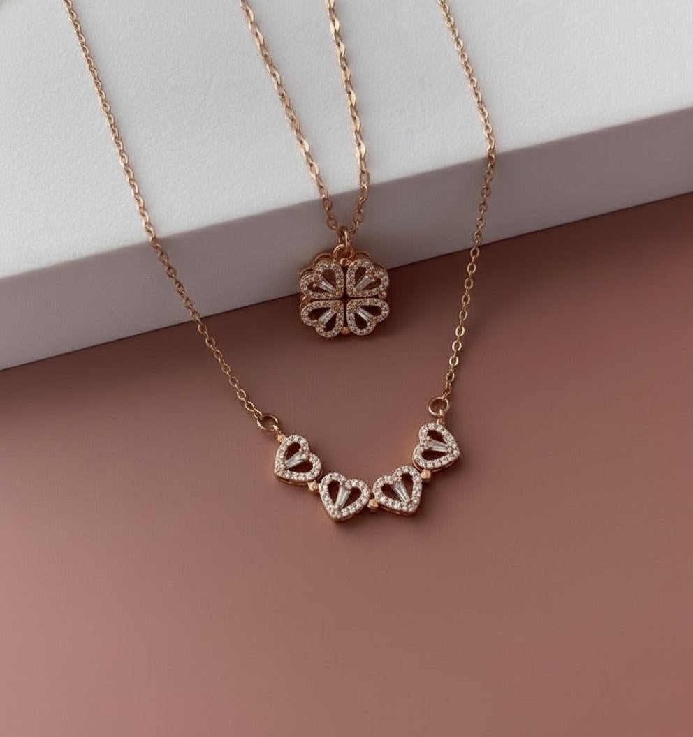 Hyacinth 4-pcs Zircon Heart Magnetic Clover Necklace - Rose Gold