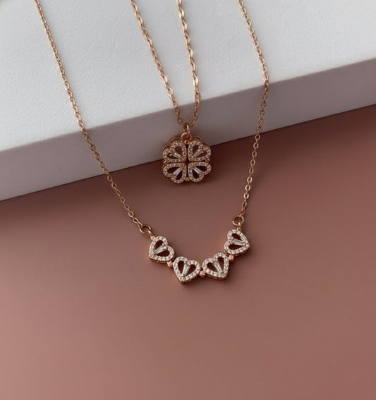 Hyacinth 4-pcs Zircon Heart Magnetic Clover Necklace - Rose Gold