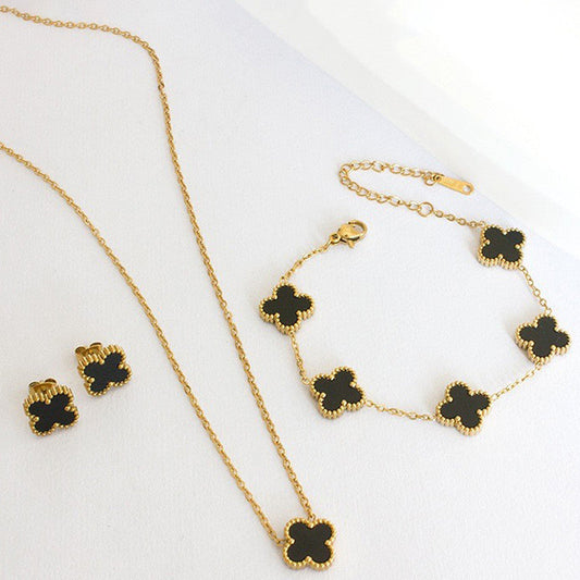 Set Of Black Anti Tarnish Clover Jewellery Set For Girls And Women